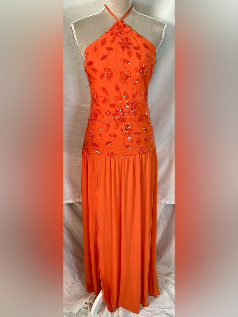 Peppermayo Janelle Orange Beaded Sequin Maxi Halter Drop Waist Dress, Size S/M
